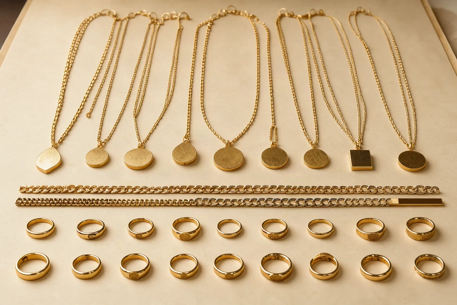 Nappe de bijoux dorés Ecladora disposés en grille ordonnée sur papier ivoire