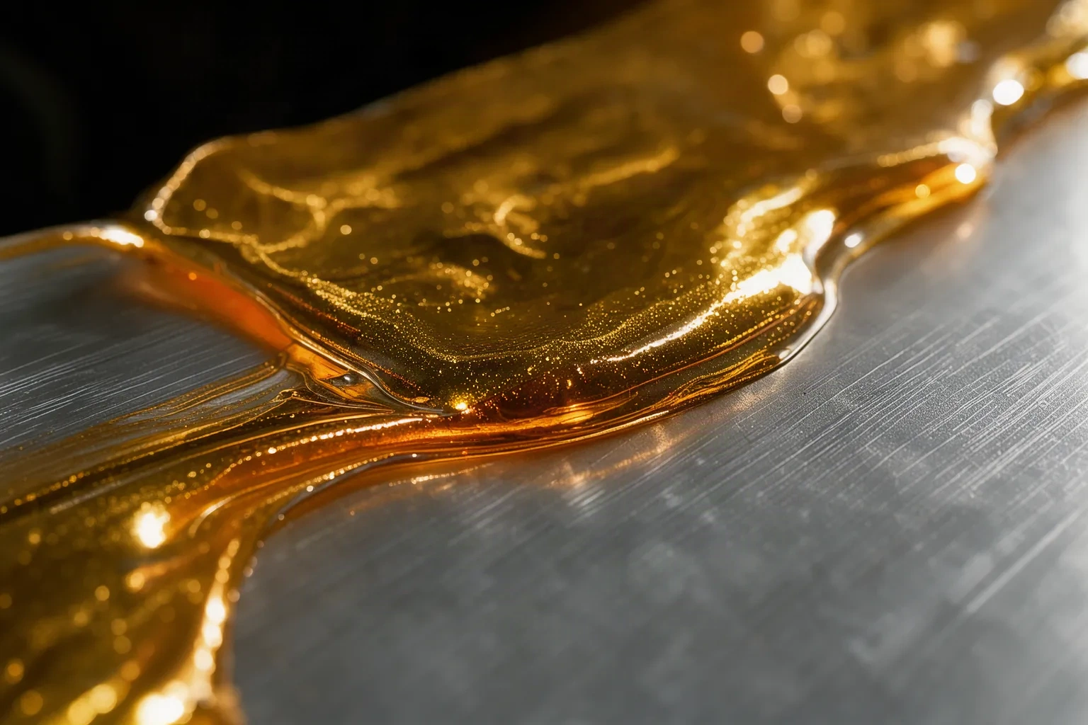 Couche d'or liquide déposée sur un anneau d'acier brossé, reflets chauds