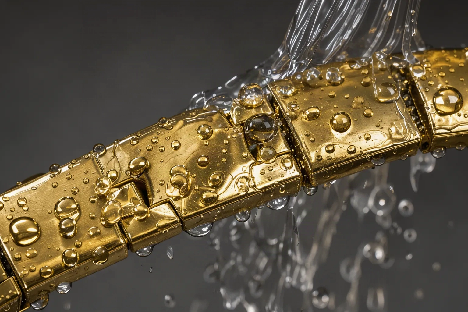 Bracelet doré rincé sous un filet d'eau claire