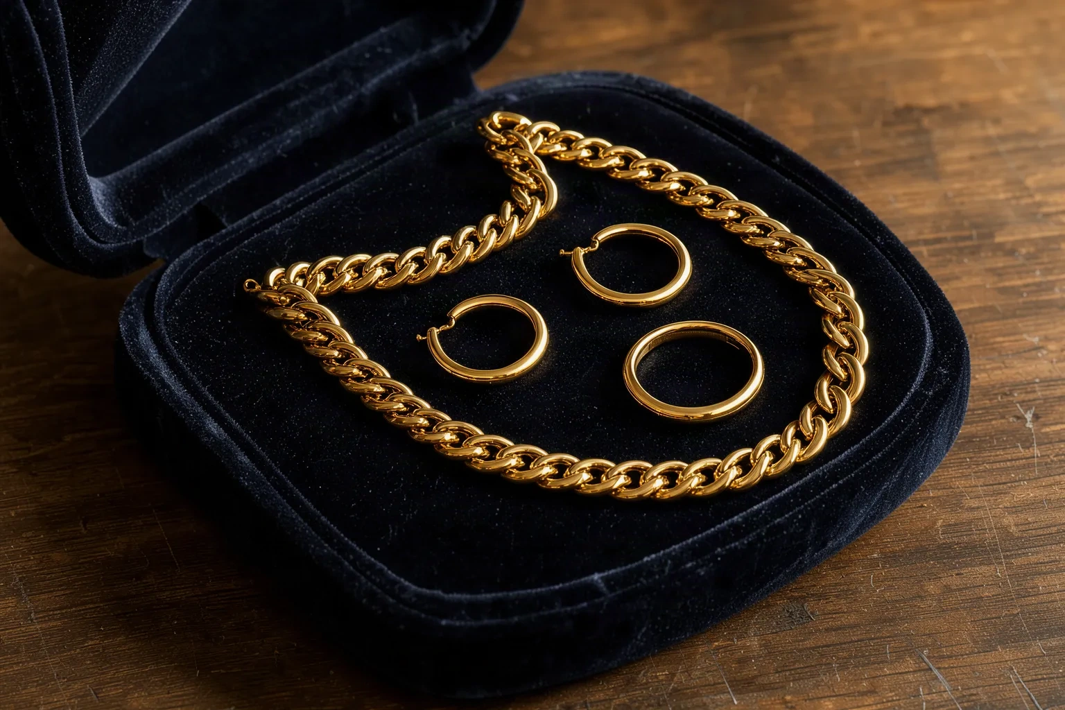 Bijoux dorés rangés dans un écrin de velours nuit