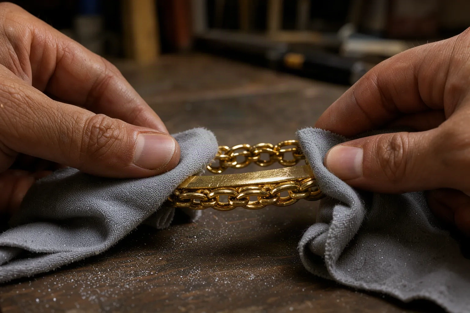 Mains polissant un bracelet doré au chiffon