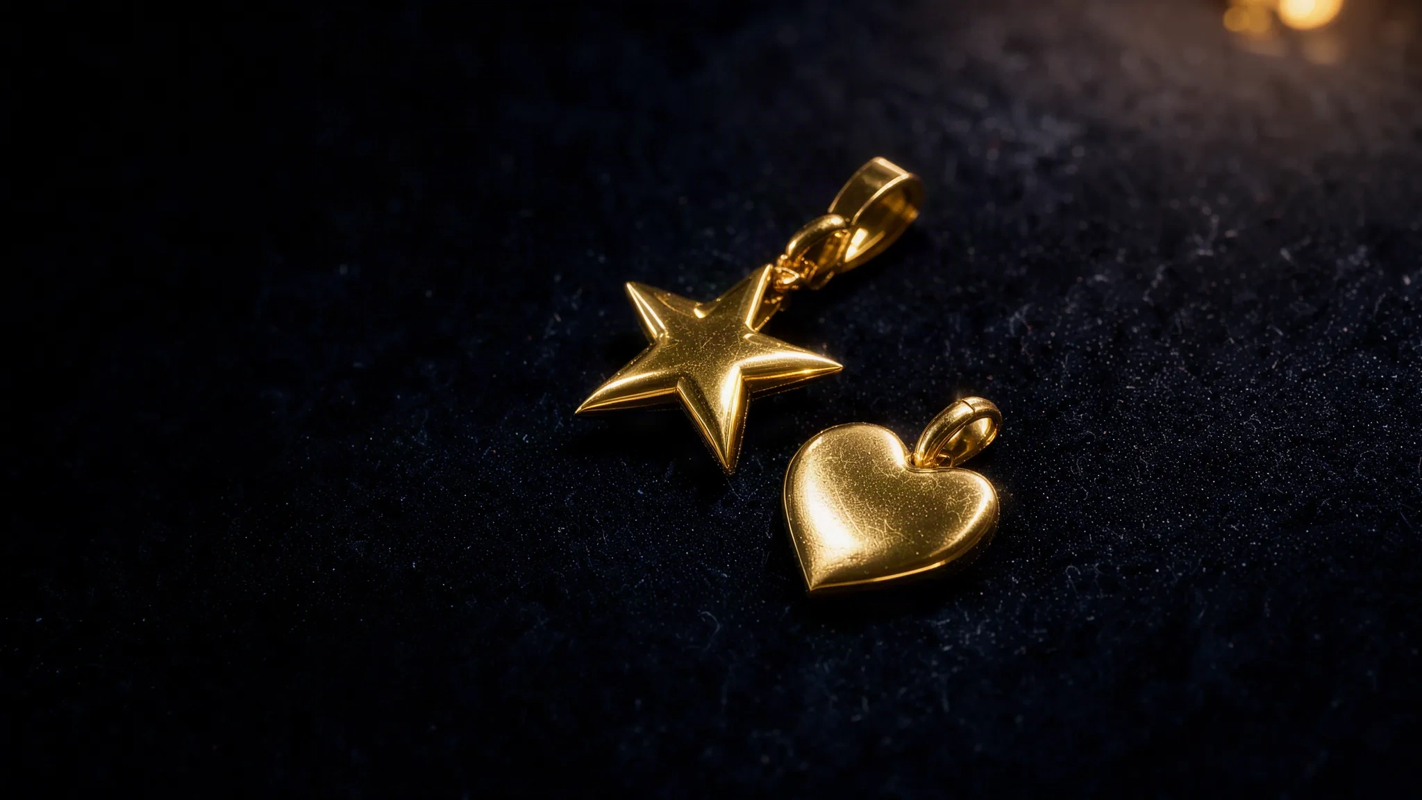 Deux pendentifs dorés, une étoile et un cœur, posés sur un velours nuit