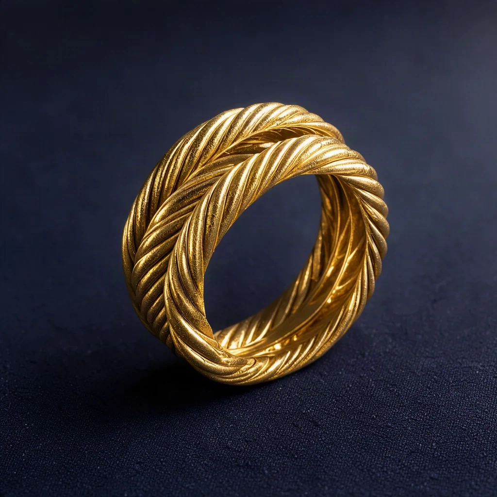 Bague dorée torsadée posée sur fond nuit