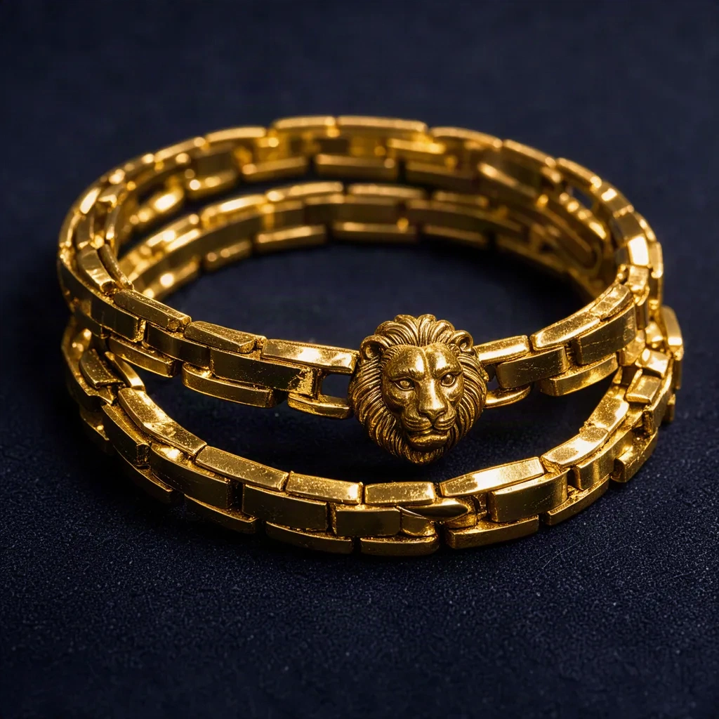 Bracelet doré à tête de lion sculptée, fond nuit