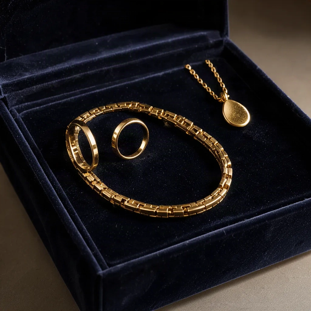 Écrin bleu nuit ouvert contenant un bracelet, une bague et un pendentif dorés