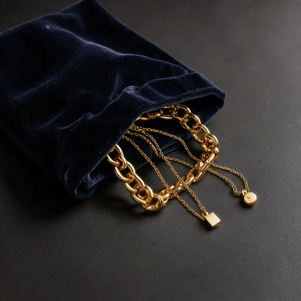Pochette bleu nuit avec un bracelet et un collier dorés qui s'en échappent