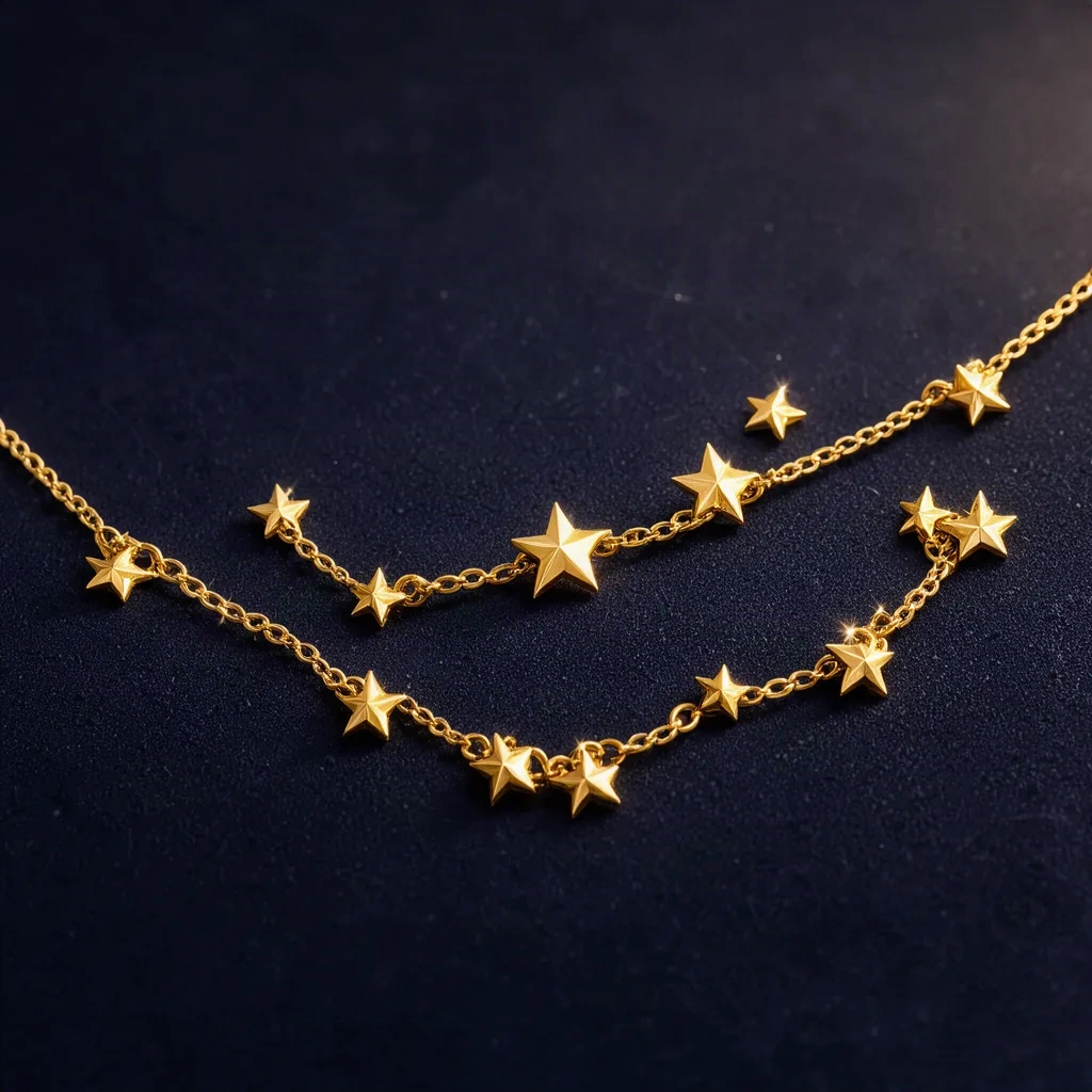 Collier Étoile Filante avec sept petites étoiles dorées sur chaîne fine, fond nuit