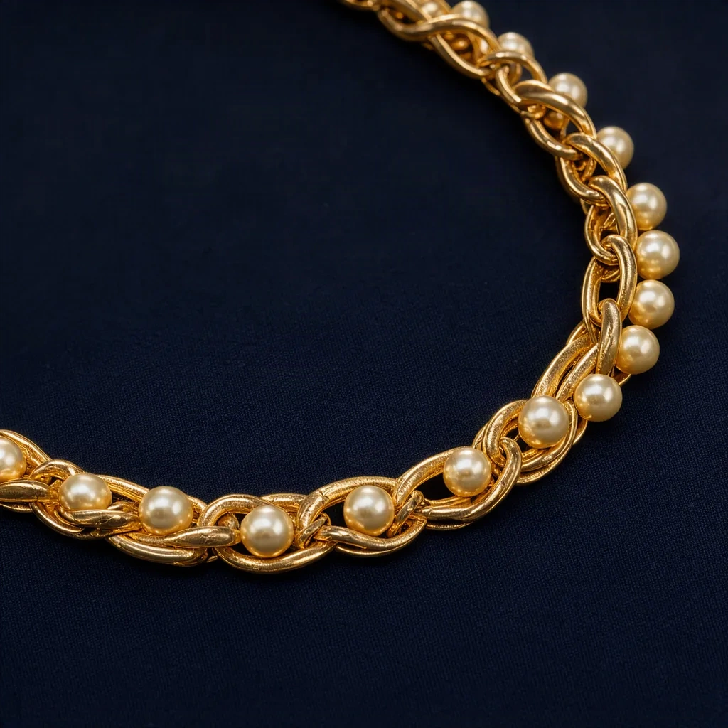 Collier doré à petites perles lumineuses posé sur fond nuit