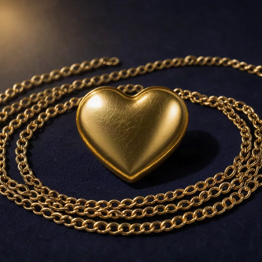 Pendentif cœur doré sur chaîne fine, fond nuit