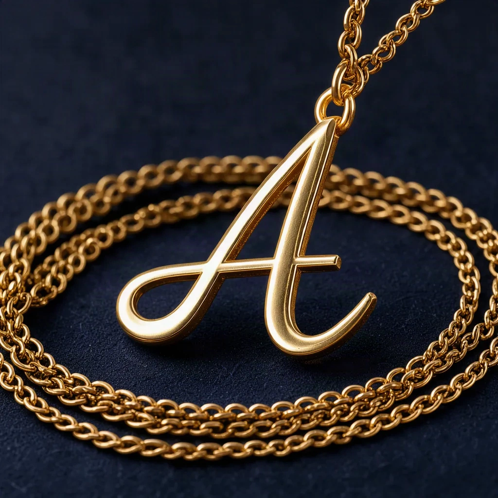 Pendentif lettre dorée sur chaîne fine, fond nuit